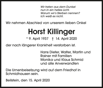 Traueranzeige von Horst Killinger 