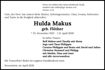 Traueranzeige von Hulda Makus 