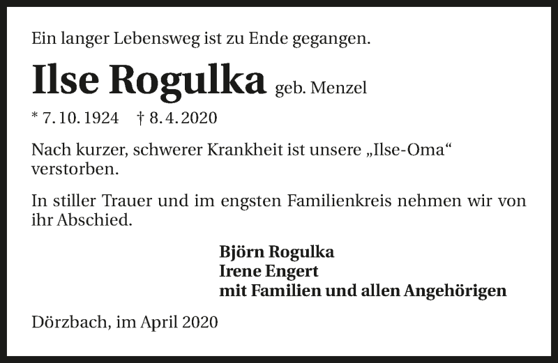  Traueranzeige für Ilse Rogulka vom 11.04.2020 aus 