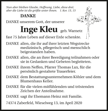 Traueranzeige von Inge Kleu 