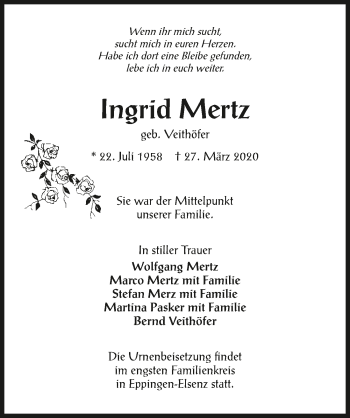 Traueranzeige von Ingrid Mertz 