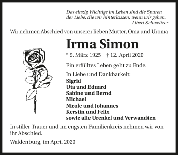 Traueranzeige von Irma Simon 