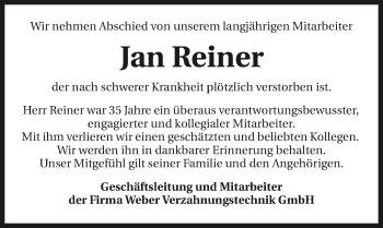 Traueranzeige von Jan Reiner 