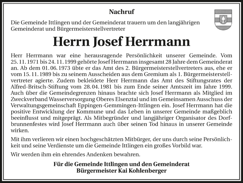  Traueranzeige für Josef Herrmann vom 11.04.2020 aus 
