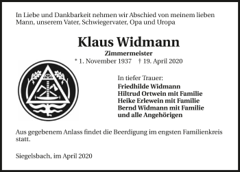 Traueranzeige von Klaus Widmann 