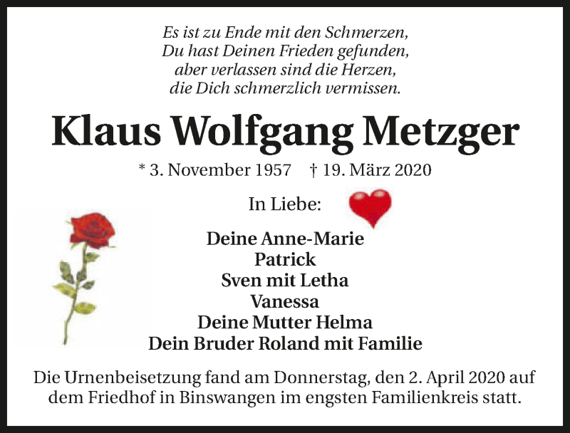  Traueranzeige für Klaus Wolfgang Metzger vom 03.04.2020 aus 