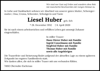Traueranzeige von Liesel Huber 
