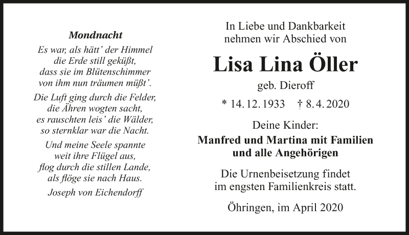  Traueranzeige für Lisa Lina Öller vom 15.04.2020 aus 