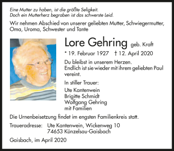Traueranzeige von Lore Gehring 