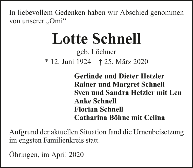  Traueranzeige für Lotte Schnell vom 07.04.2020 aus 