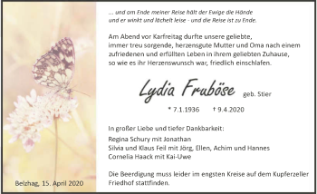 Traueranzeige von Lydia Fruböse 