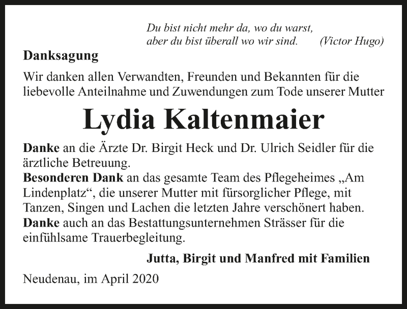  Traueranzeige für Lydia Kaltenmaier vom 18.04.2020 aus 