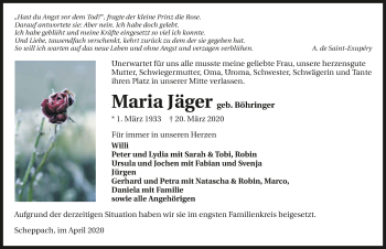 Traueranzeige von Maria Jäger 