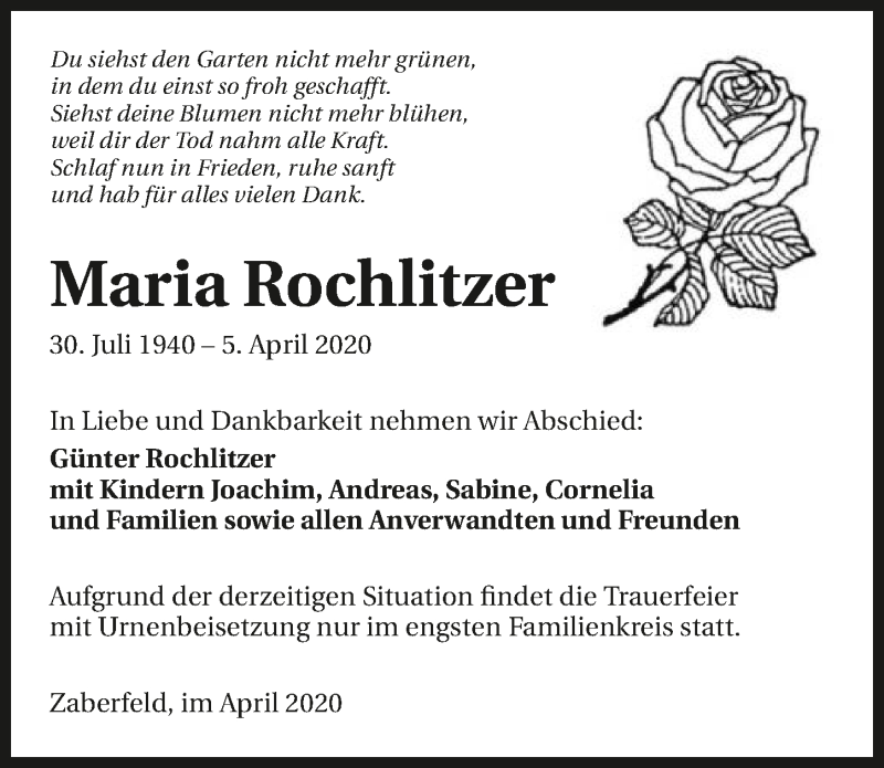  Traueranzeige für Maria Rochlitzer vom 15.04.2020 aus 