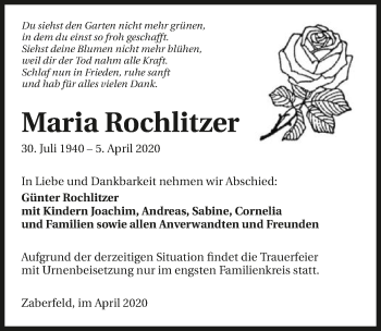 Traueranzeige von Maria Rochlitzer 