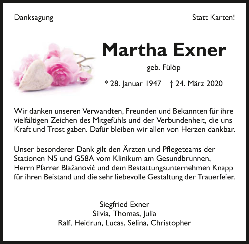  Traueranzeige für Martha Exner vom 18.04.2020 aus 
