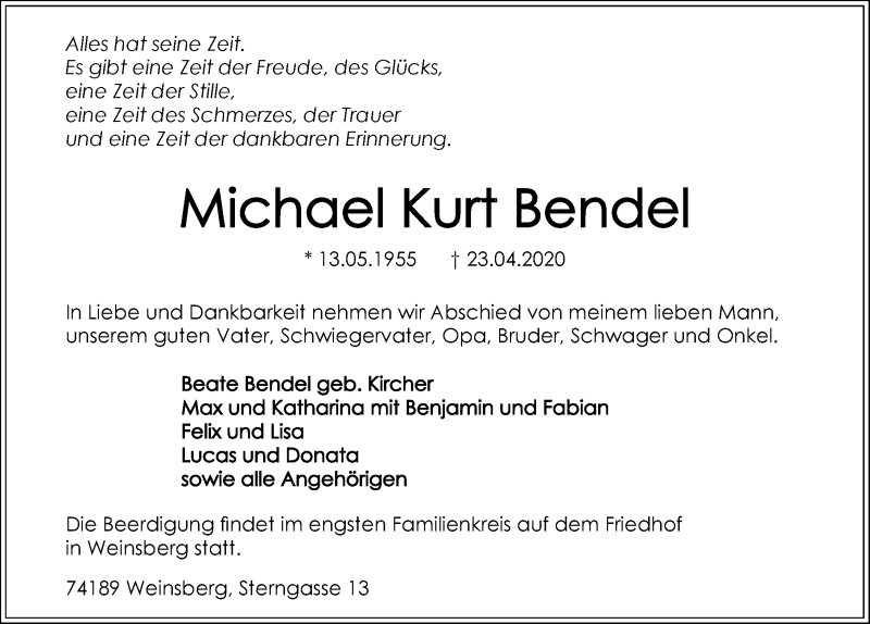  Traueranzeige für Michael Bendel vom 25.04.2020 aus 