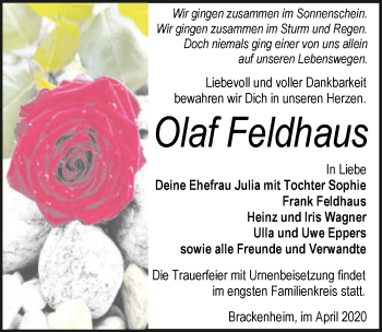 Traueranzeige von Olaf Feldhaus 