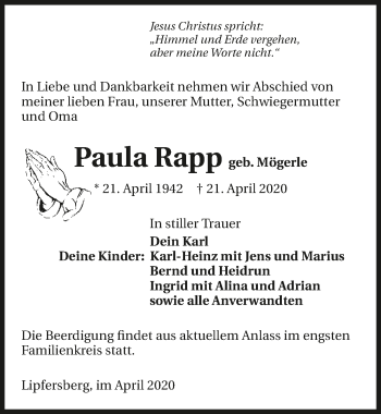 Traueranzeige von Paula Rapp 