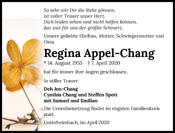 Traueranzeige von Regina Appel-Chang 
