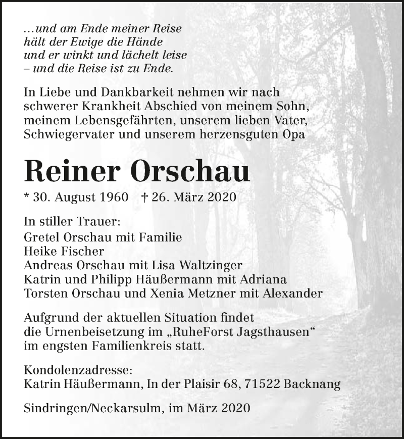  Traueranzeige für Reiner Orschau vom 03.04.2020 aus 