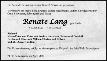 Traueranzeige von Renate Lang 