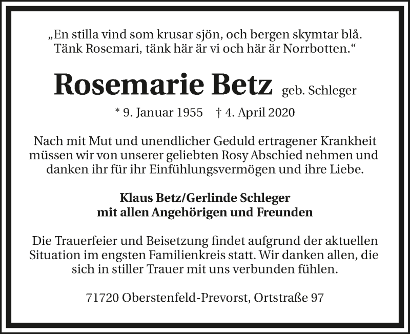  Traueranzeige für Rosemarie Betz vom 11.04.2020 aus 