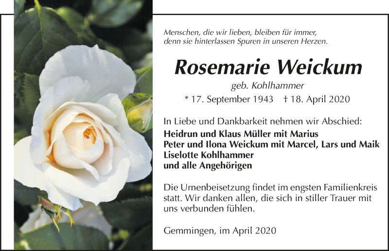  Traueranzeige für Rosemarie Weickum vom 25.04.2020 aus 