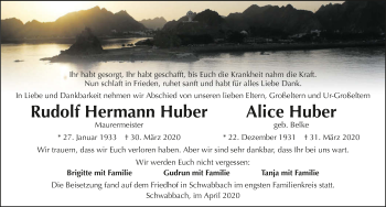 Traueranzeige von Rudolf Hermann Huber 