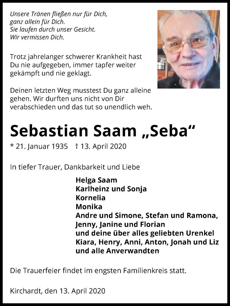  Traueranzeige für Sebastian Saam vom 15.04.2020 aus 