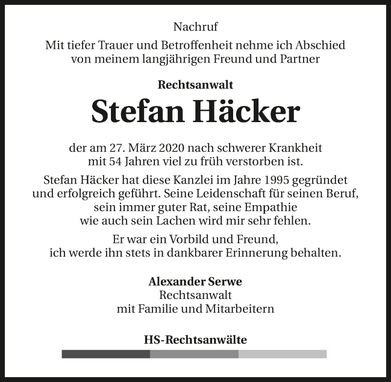  Traueranzeige für Stefan Häcker vom 04.04.2020 aus 