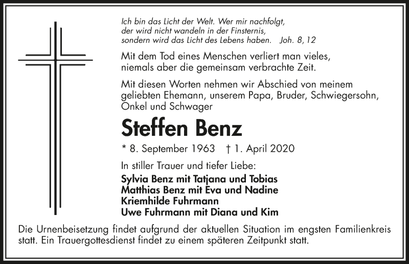  Traueranzeige für Steffen Benz vom 04.04.2020 aus 