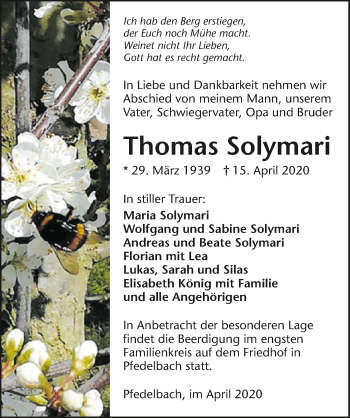 Traueranzeige von Thomas Solymari 