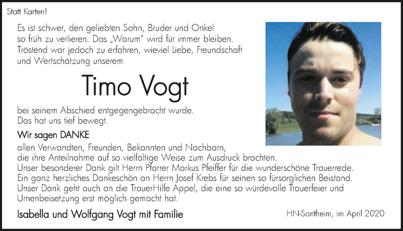  Traueranzeige für Timo Vogt vom 04.04.2020 aus 