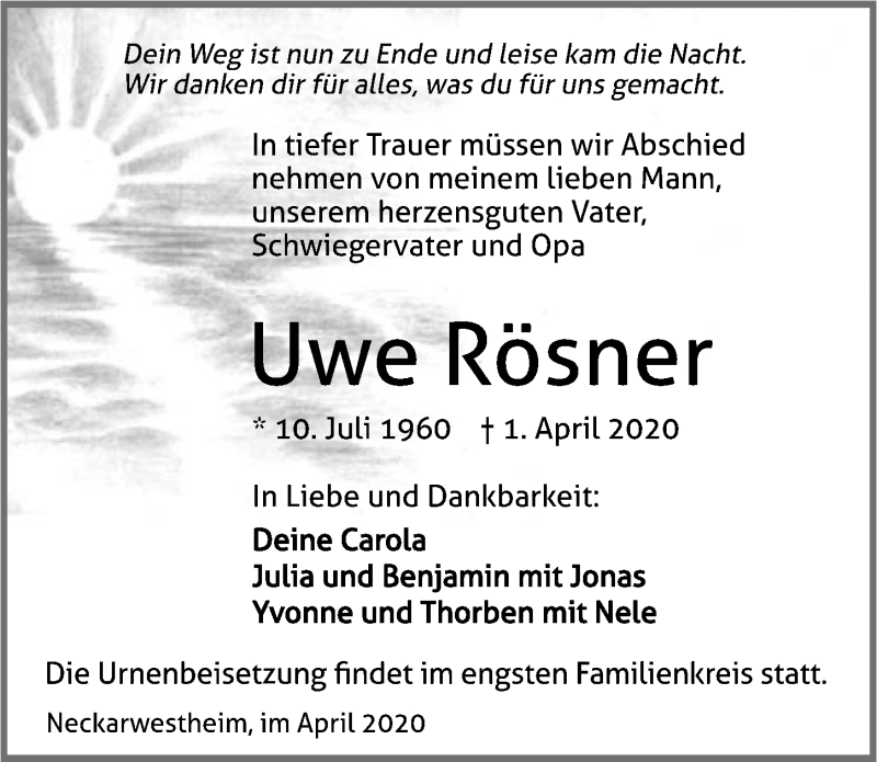  Traueranzeige für Uwe Rösner vom 04.04.2020 aus 