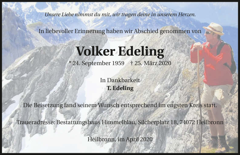  Traueranzeige für Volker Edeling vom 11.04.2020 aus 