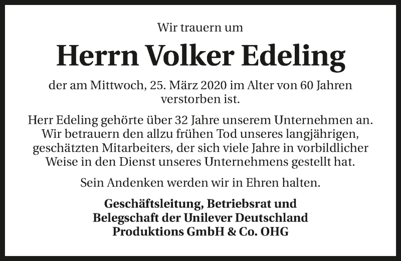  Traueranzeige für Volker Edeling vom 11.04.2020 aus 