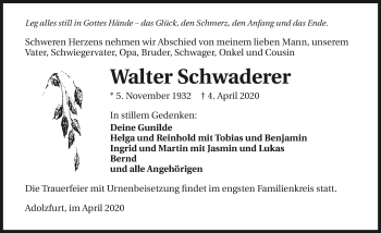 Traueranzeige von Walter Schwaderer 