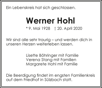 Traueranzeige von Werner Hohl 