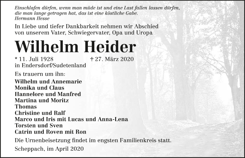  Traueranzeige für Wilhelm Heider vom 04.04.2020 aus 