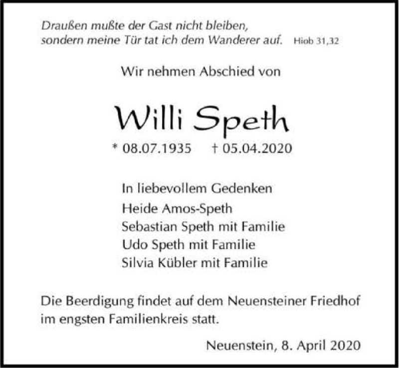  Traueranzeige für Willi Speth vom 08.04.2020 aus 