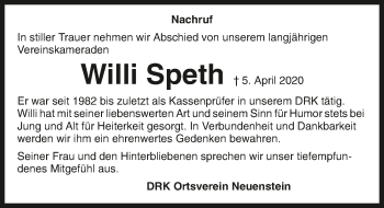 Traueranzeige von Willi Speth 