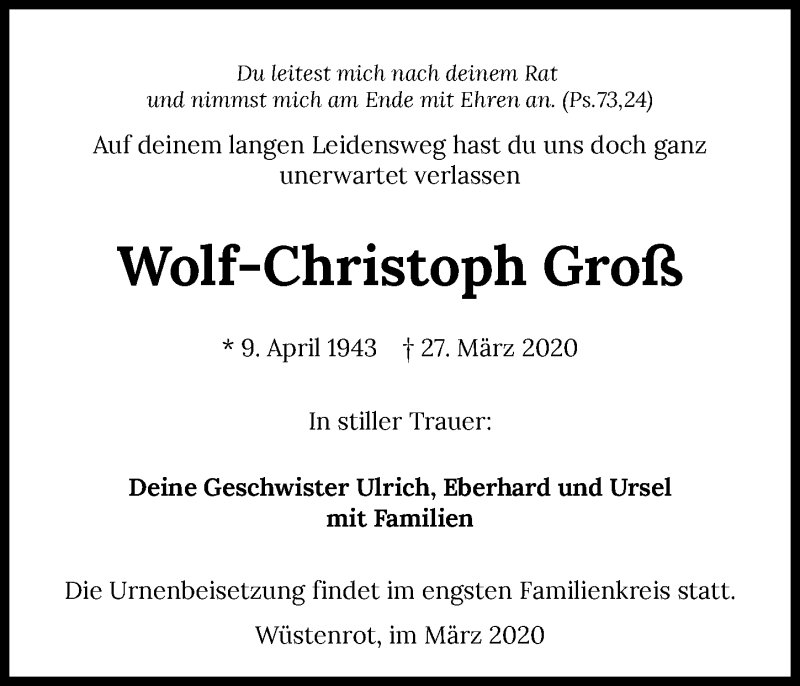  Traueranzeige für Wolf-Christoph Groß vom 01.04.2020 aus 