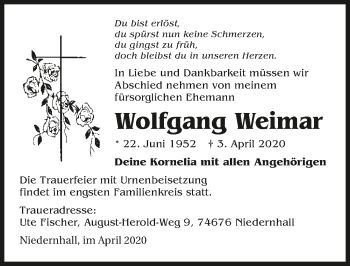 Traueranzeige von Wolfgang Weimar 
