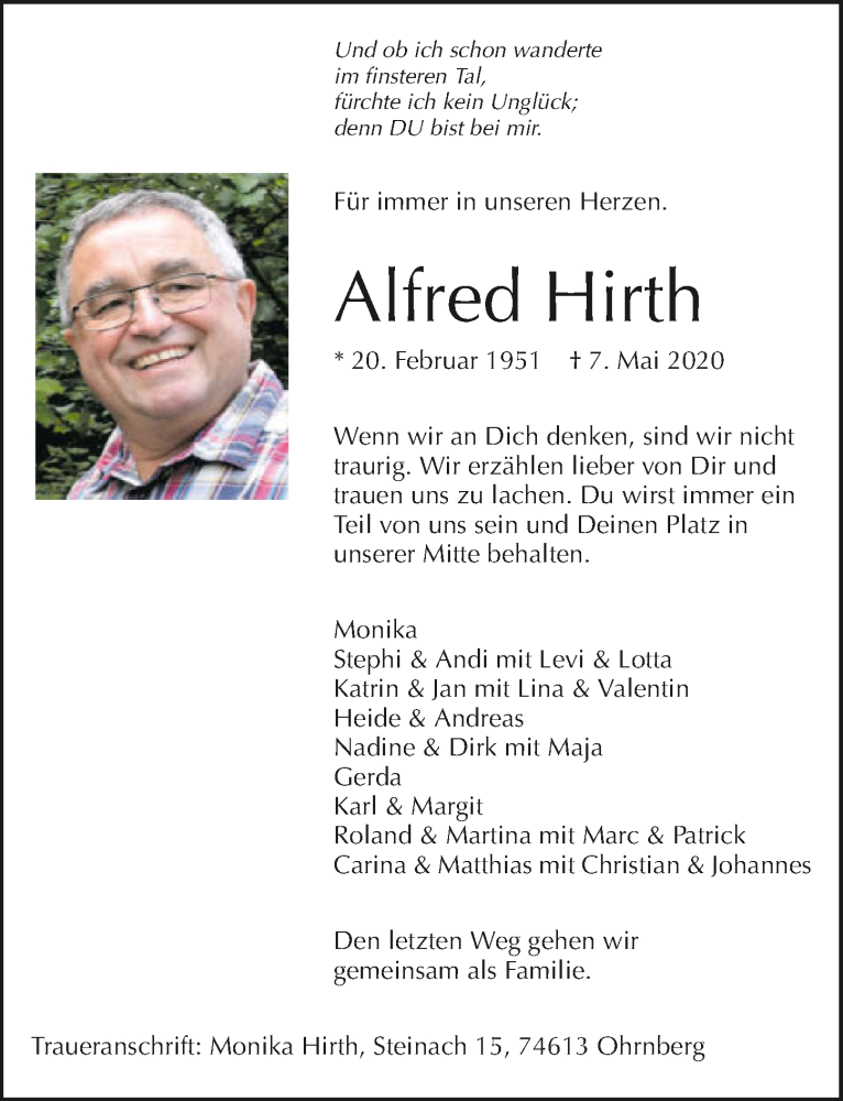  Traueranzeige für Alfred Hirth vom 09.05.2020 aus 