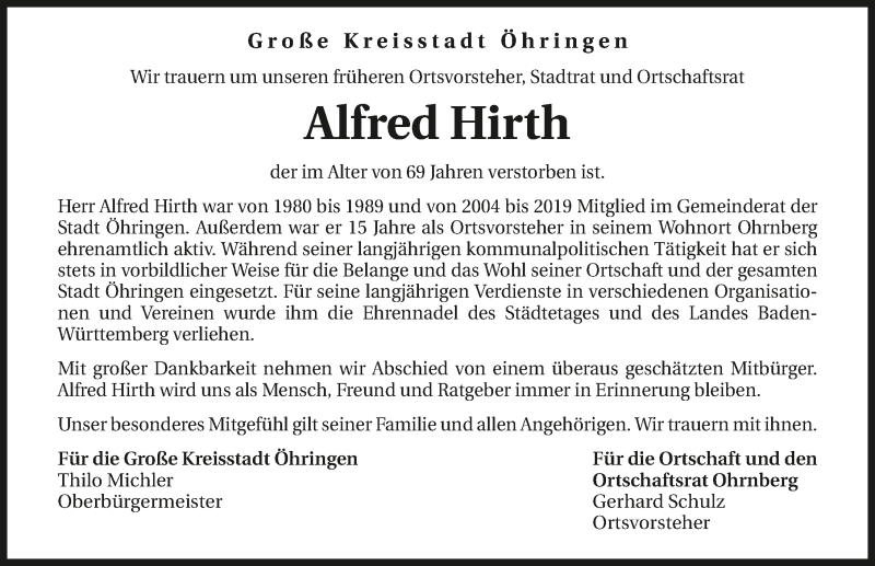  Traueranzeige für Alfred Hirth vom 13.05.2020 aus 