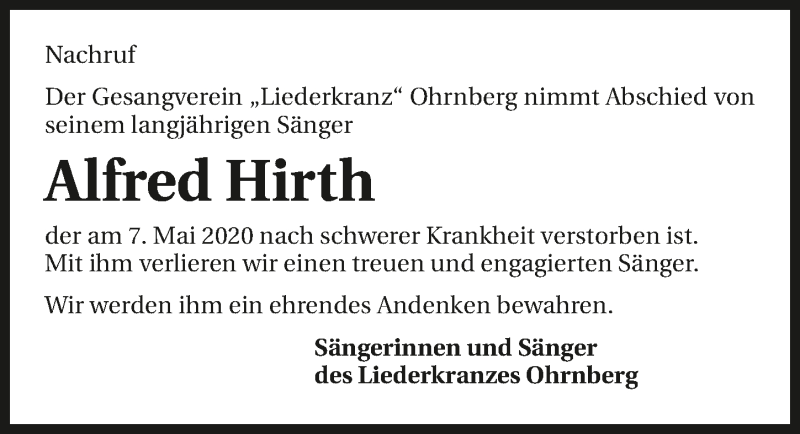 Traueranzeige für Alfred Hirth vom 12.05.2020 aus 