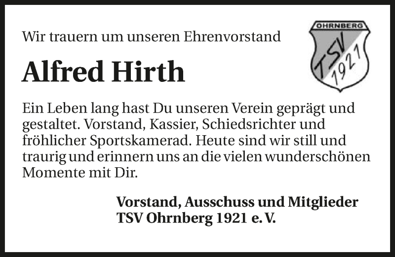  Traueranzeige für Alfred Hirth vom 12.05.2020 aus 