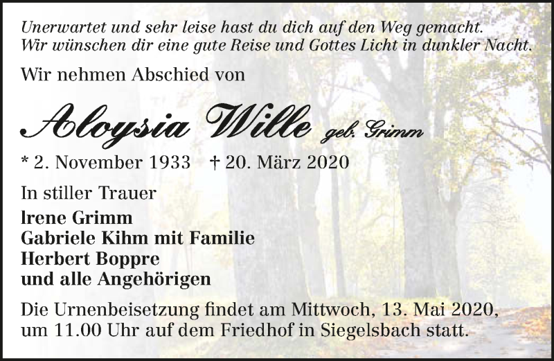  Traueranzeige für Aloysia Wille vom 09.05.2020 aus 