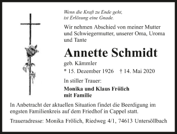 Traueranzeige von Annette Schmidt 